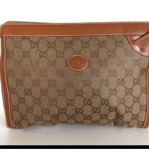 Gucci Brown Original GG Canvas Leather Clutch Bag Purse Vintage